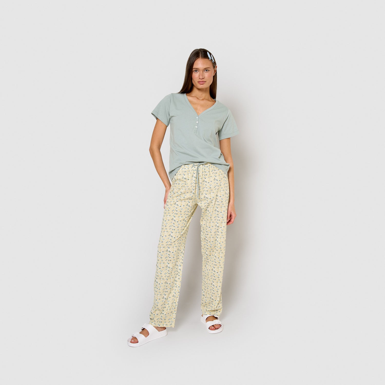 Long cotton pajamas with short sleeves and V-neck, Domana aqua blue