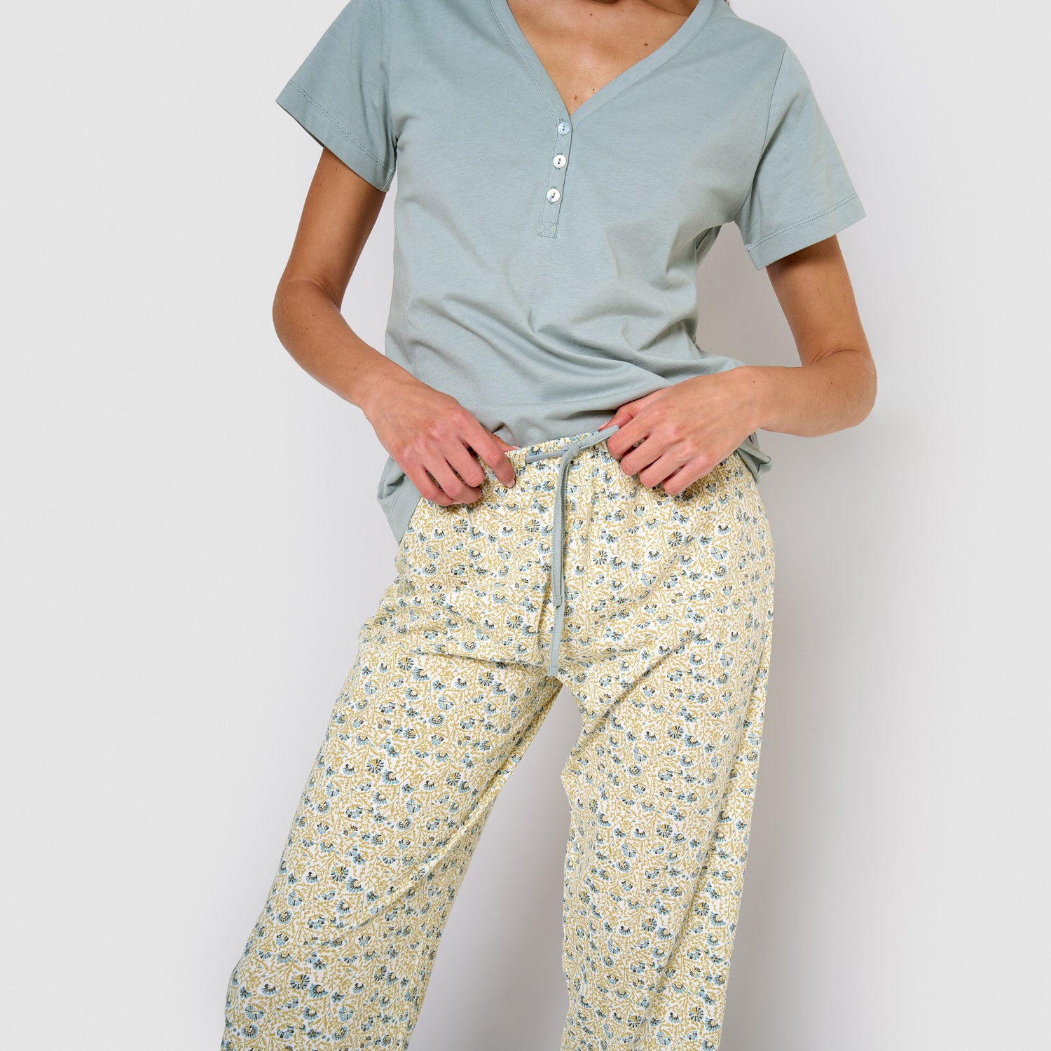 Long cotton pajamas with short sleeves and V-neck, Domana aqua blue