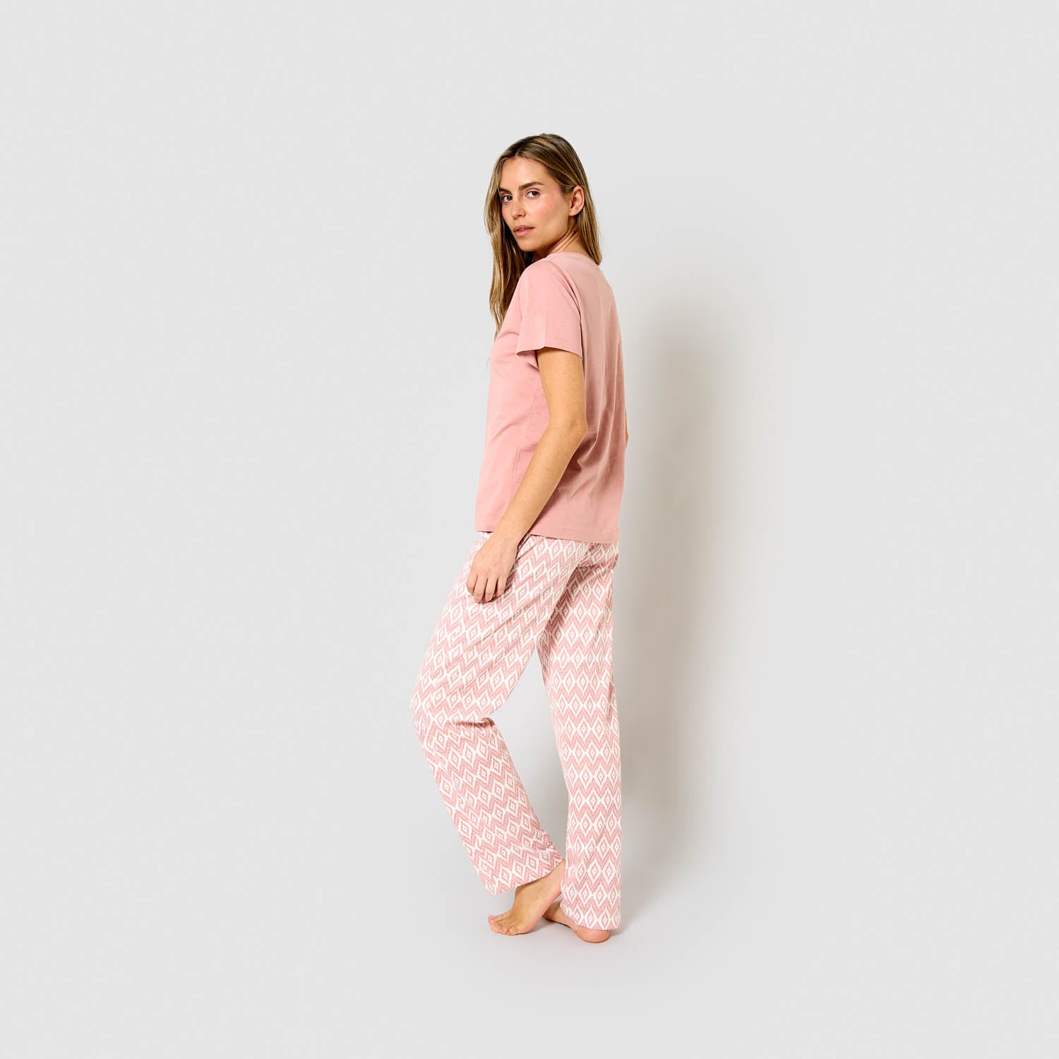 Pigiama lungo di cotone a maniche corte e scollo a V, rosa