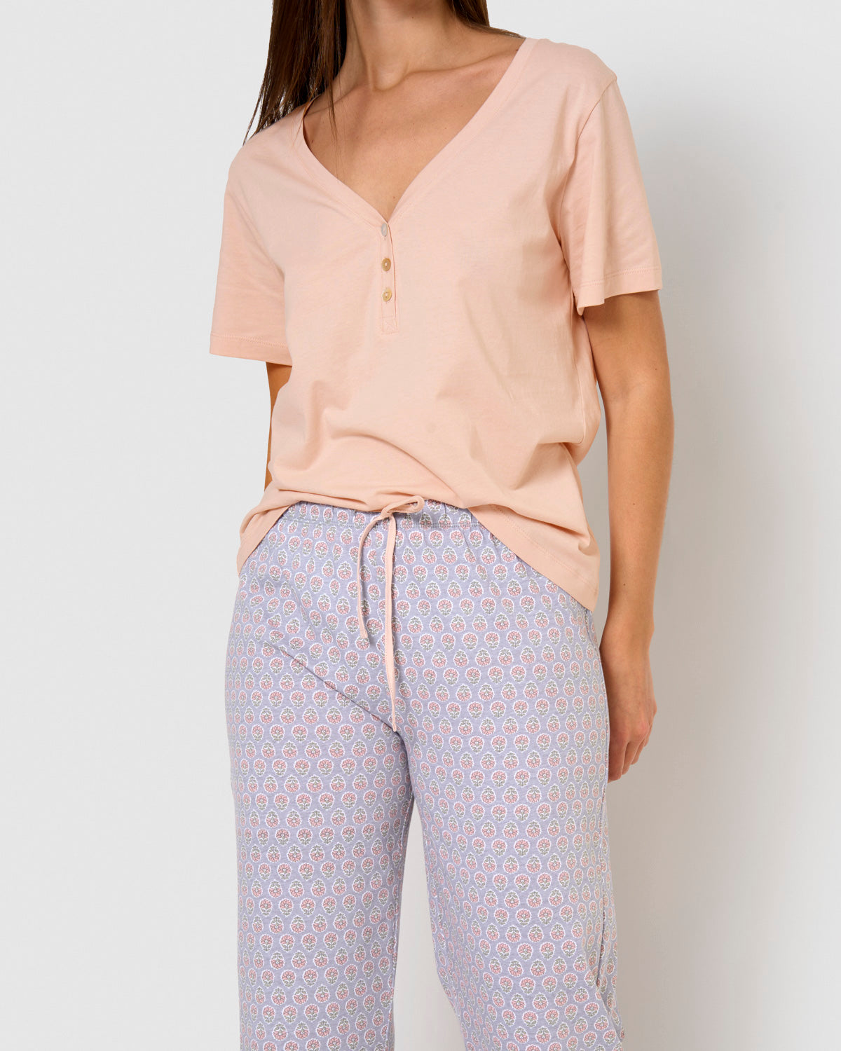 Pijama largo algodón manga corta con escote pico milena rosa
