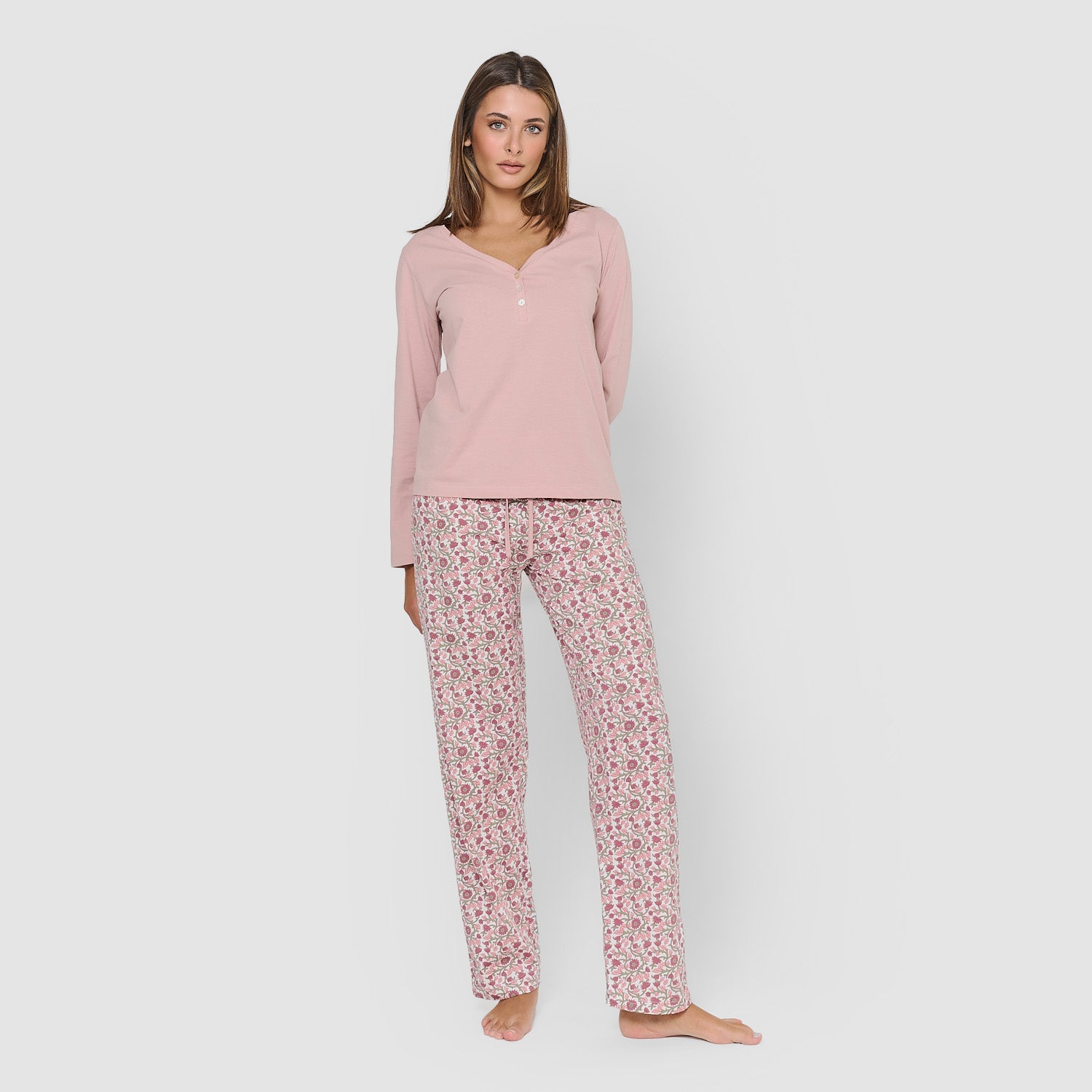 Pijama largo de algodón con escote pico amazonas rosa