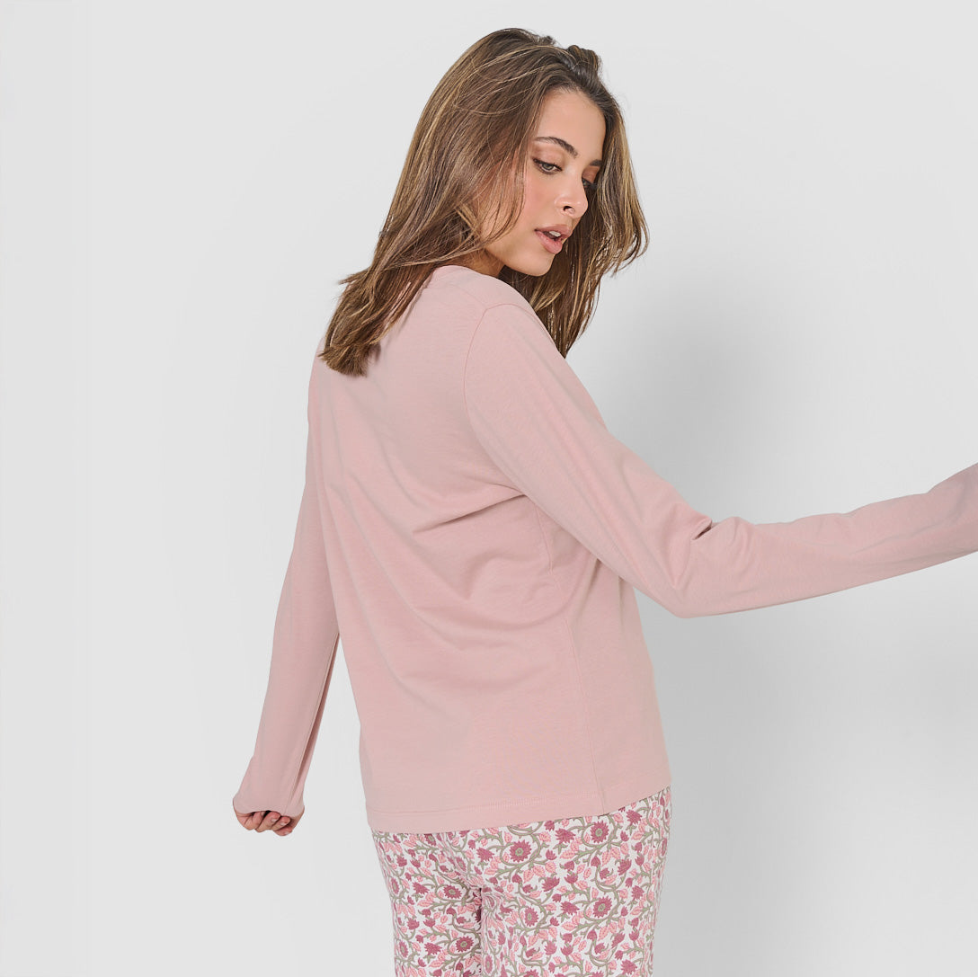 Pijama largo de algodón con escote pico amazonas rosa