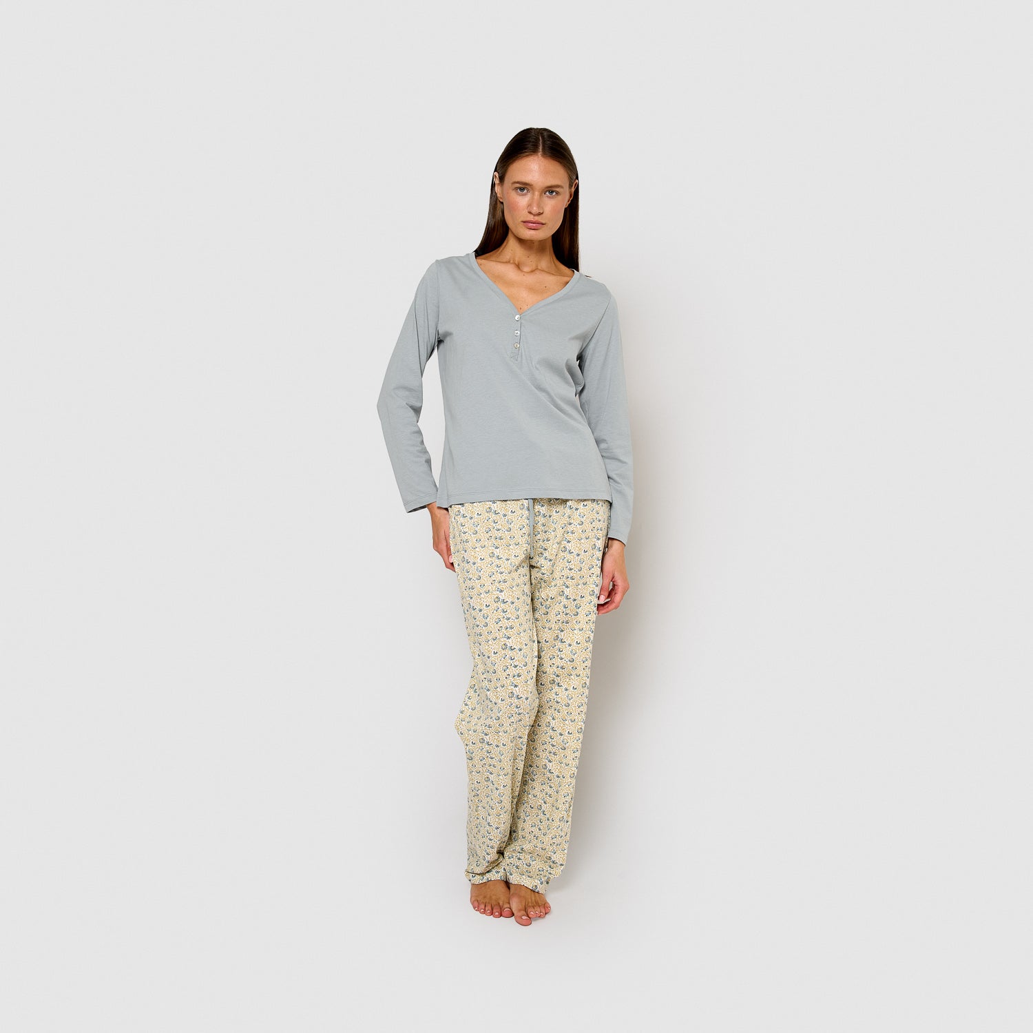 Pigiama lungo in cotone con scollo a V, Domana azzurro