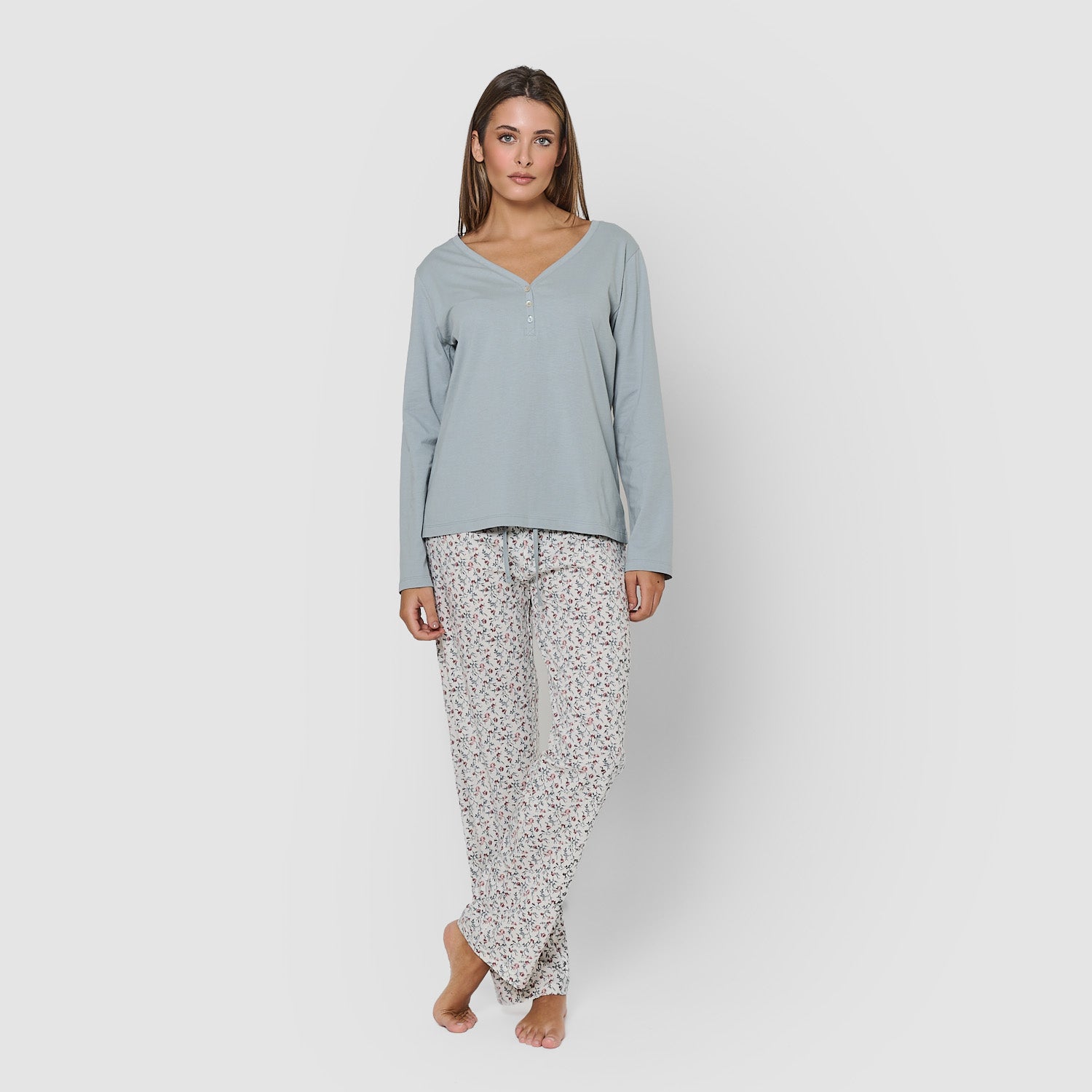 Pigiama lungo in cotone con scollo a V, azzurro