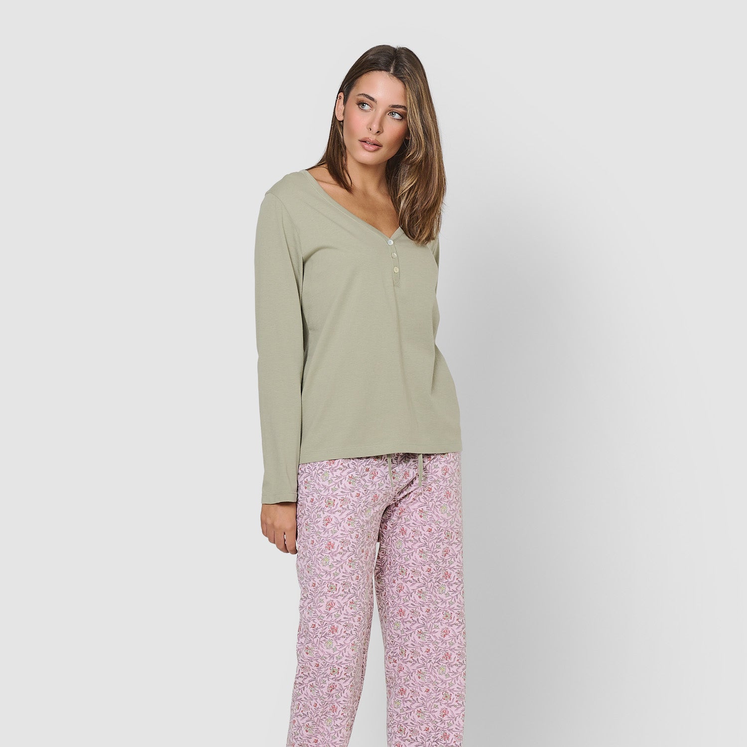 Pigiama lungo in cotone con scollo a V, verde, stile nidila