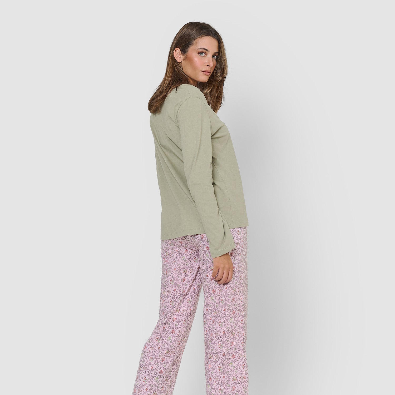 Pigiama lungo in cotone con scollo a V, verde, stile nidila