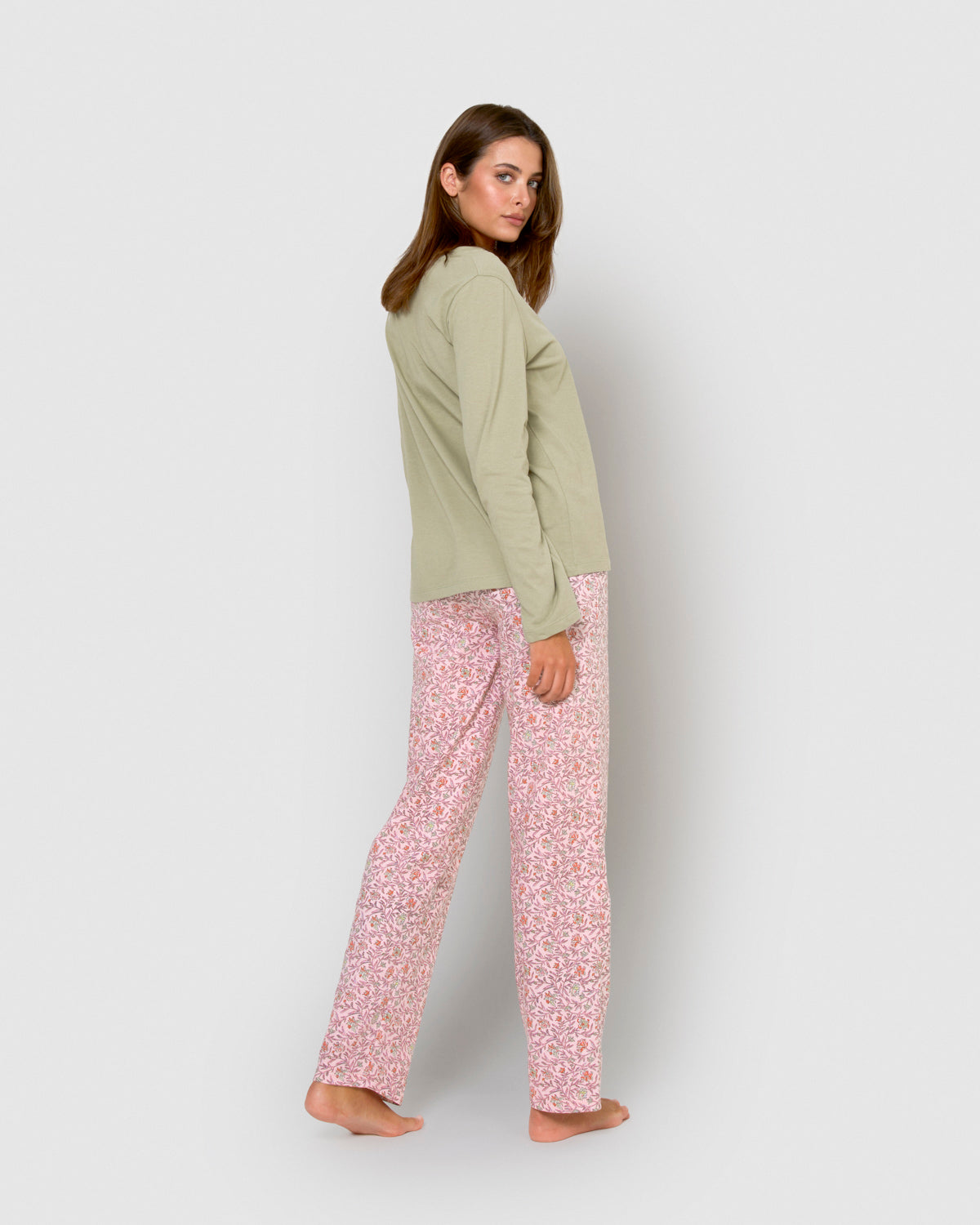 Pyjama long en coton à col en V, vert, style nidila