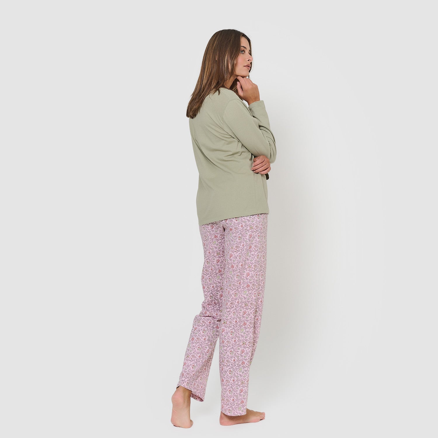 Pigiama lungo in cotone con scollo a V, verde, stile nidila