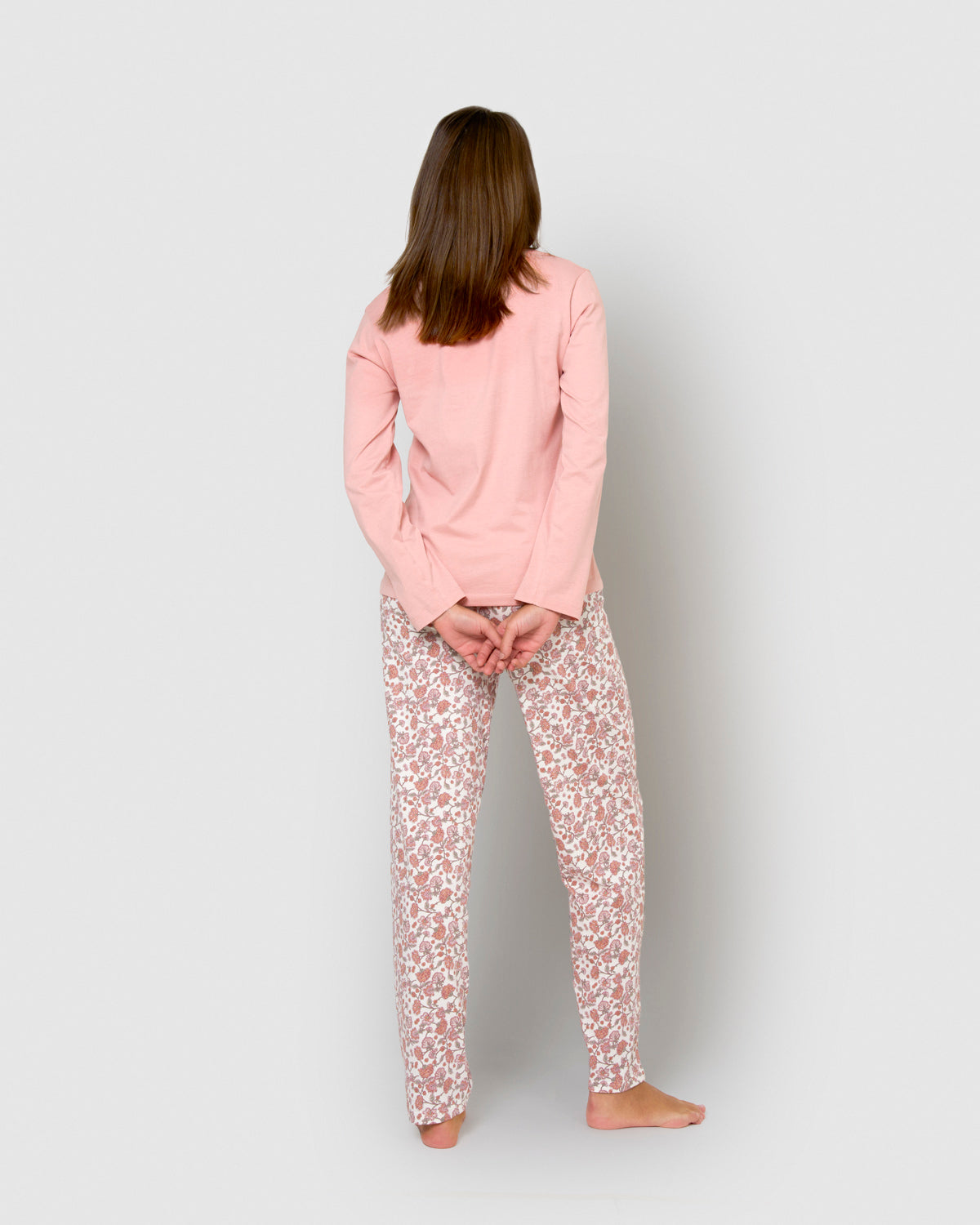 Pyjama long Meghan en coton rose pâle à col en V