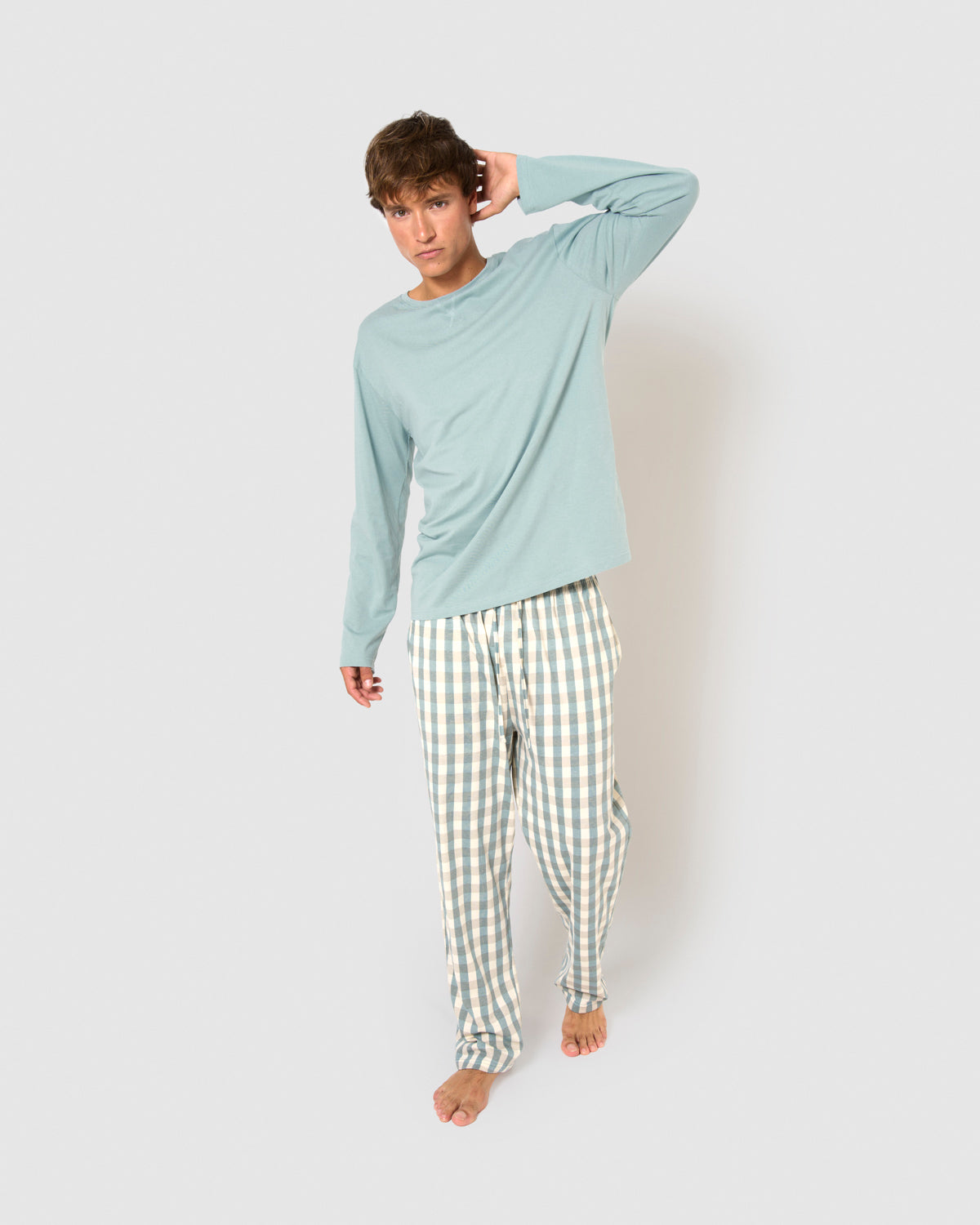 Long cotton pajamas, blue plaid