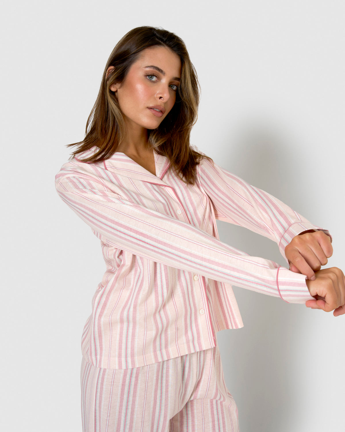 Long cotton shirt-style pajamas with pink stripes.