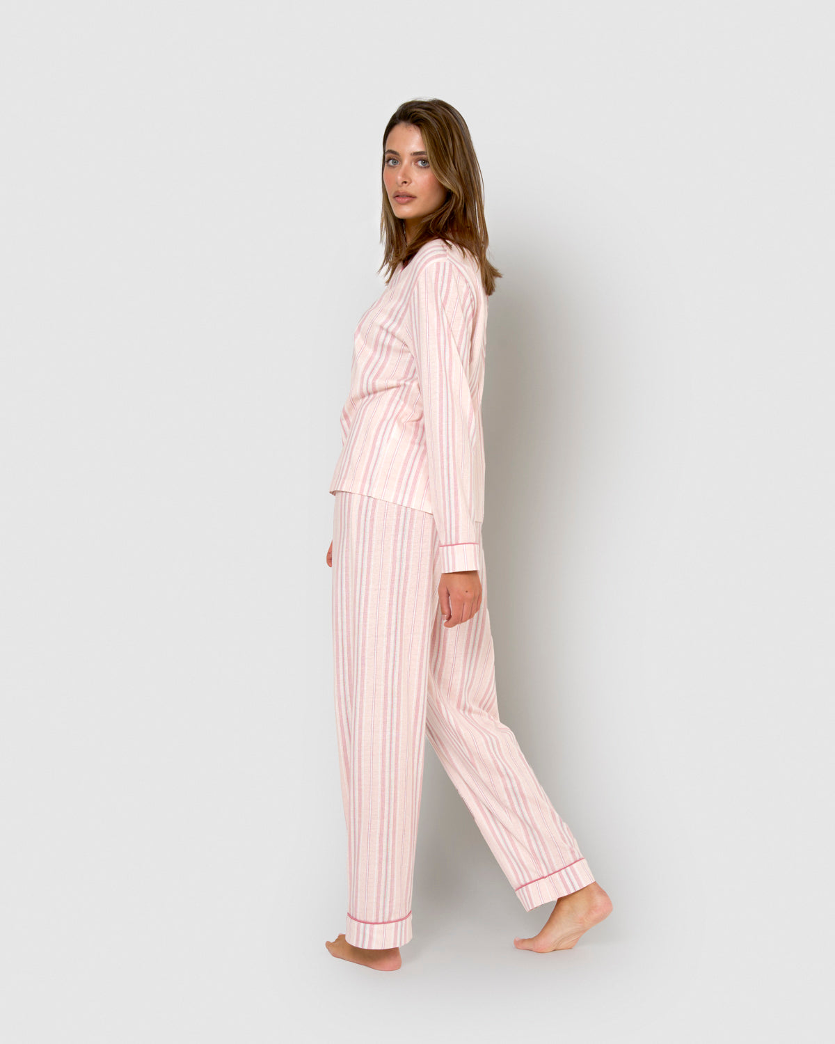 Long cotton shirt-style pajamas with pink stripes.