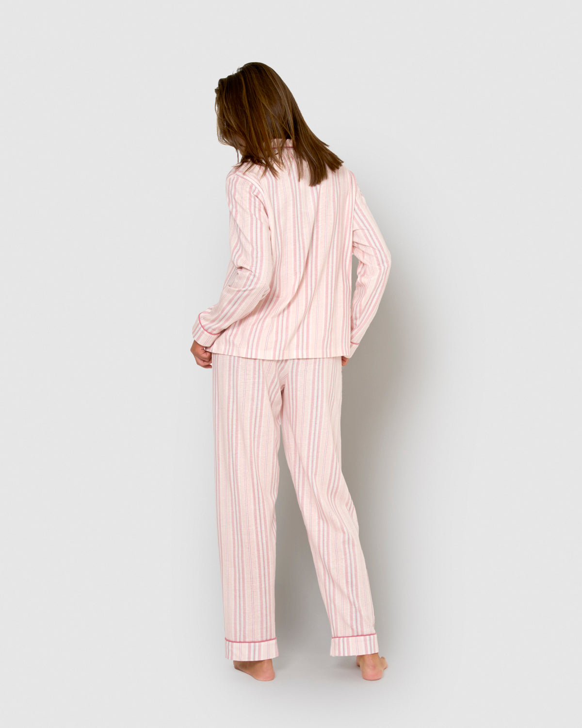 Long cotton shirt-style pajamas with pink stripes.