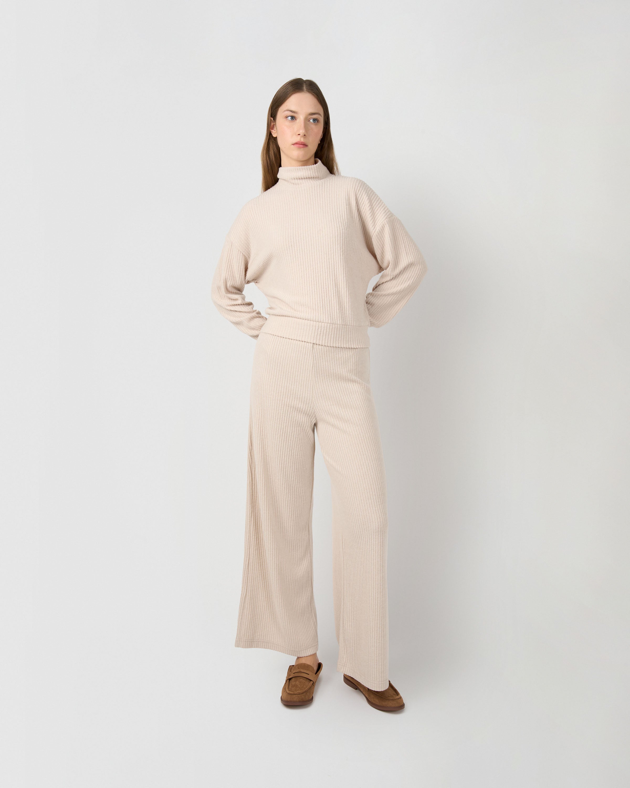 Set jersey pantalón rib canalé liso beige