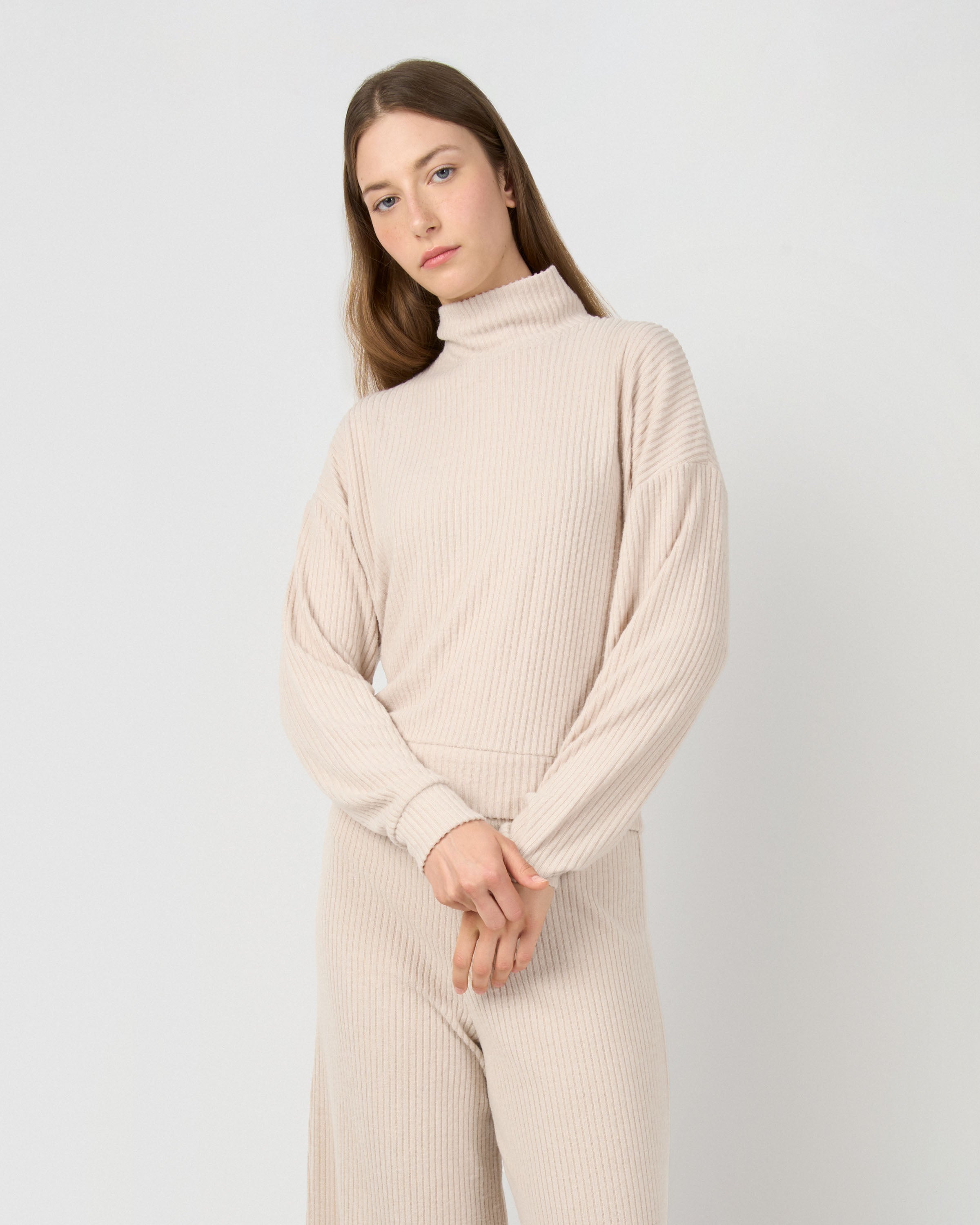 Set jersey pantalón rib canalé liso beige