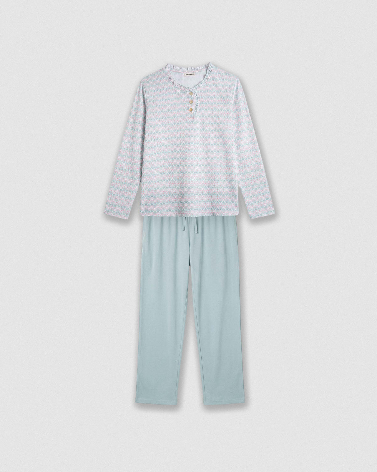 Pijama largo algodón frunce nuru verde azulado