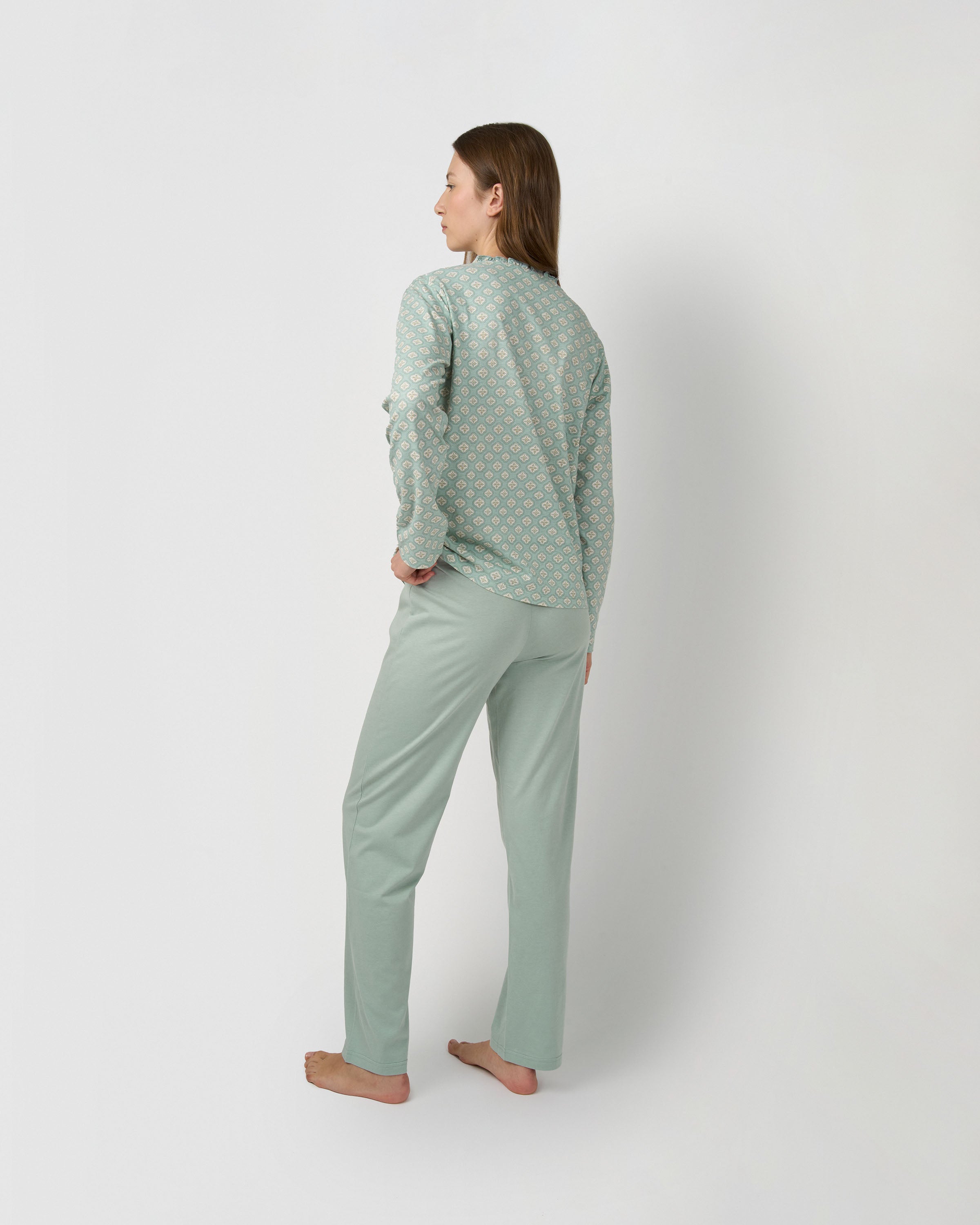 Pijama largo algodón frunce tariq azul agua