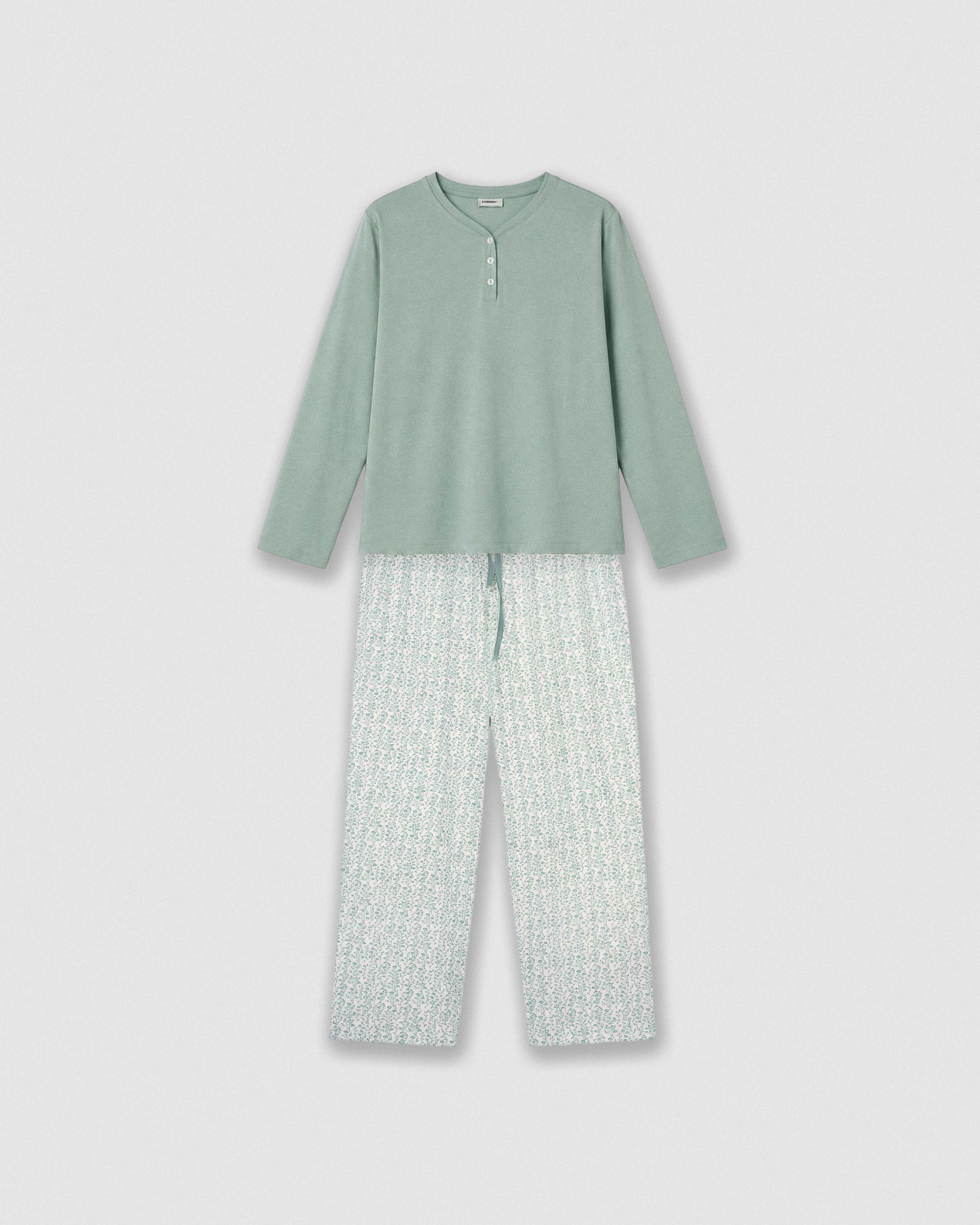 Pijama largo de algodón con escote pico zola azul agua