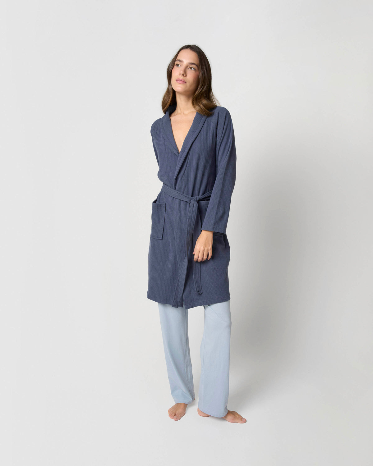Wide stripe ribbed dressing gown blue