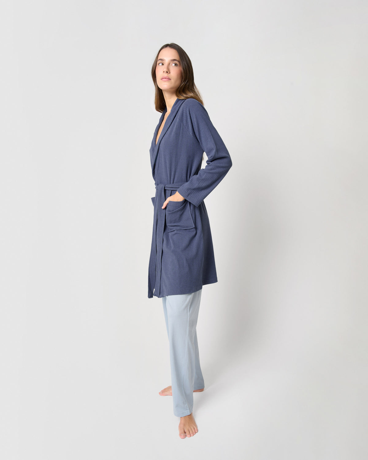 Wide stripe ribbed dressing gown blue