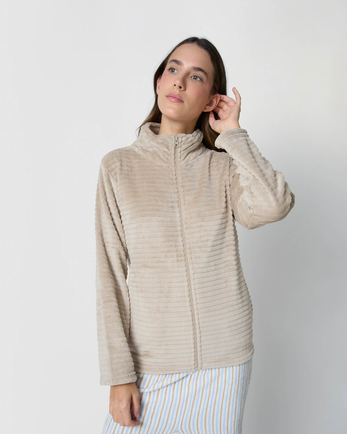 Sudadera terciopelo raya beige