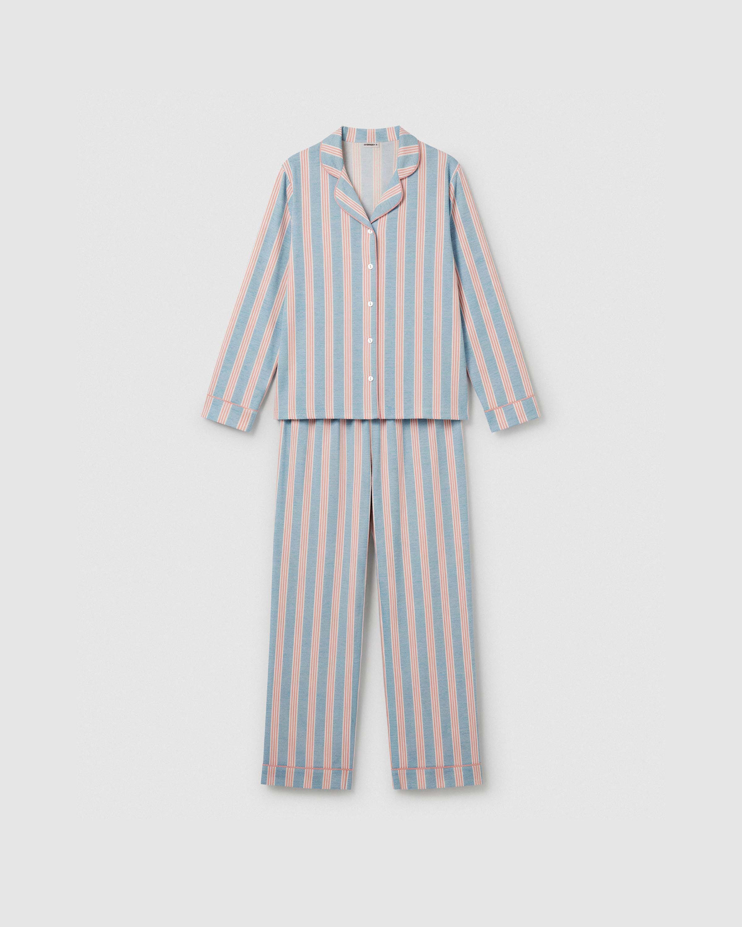 Pijama largo camisero algodón raya zena índigo