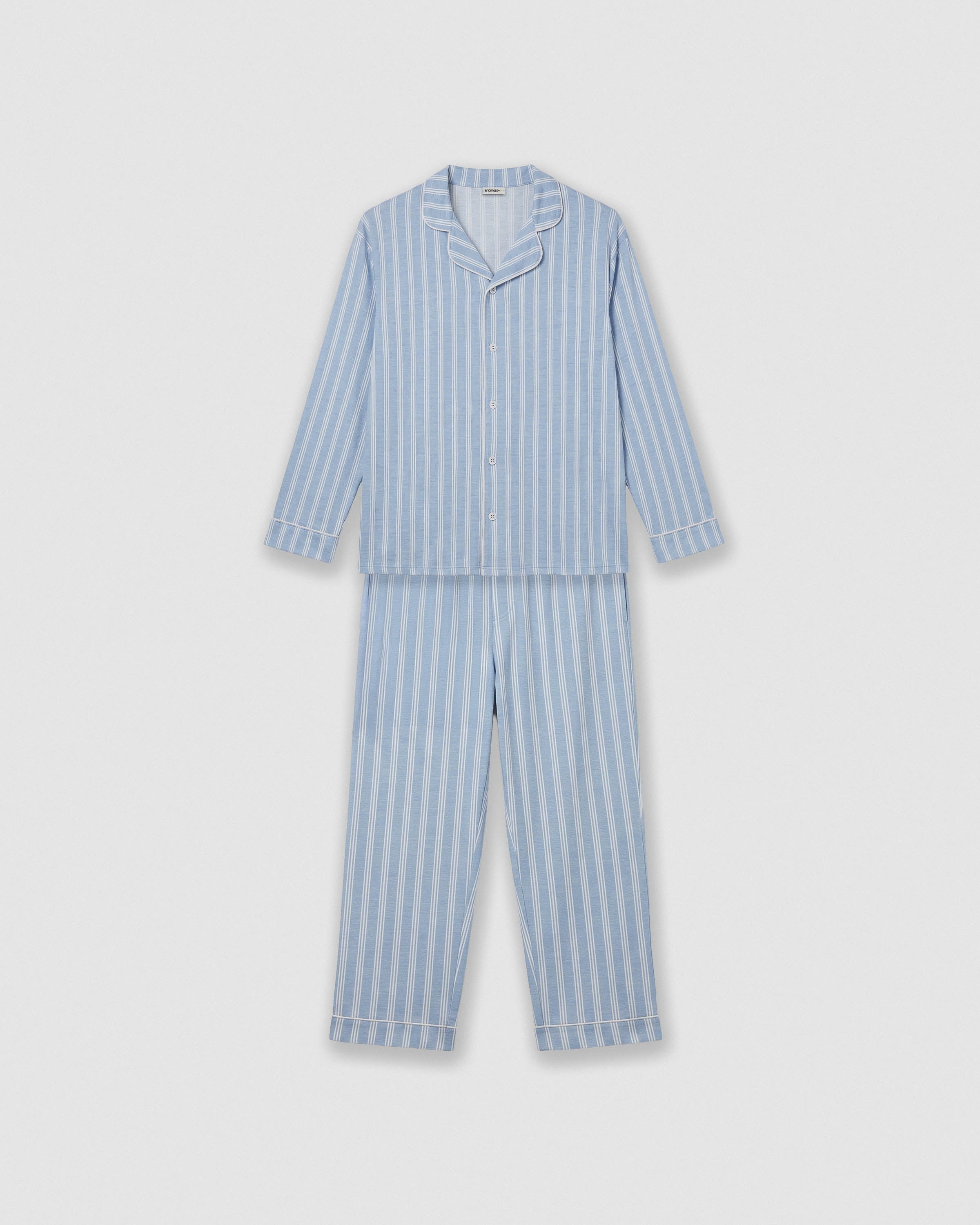 Pijama largo camisero algodón raya marsella celeste