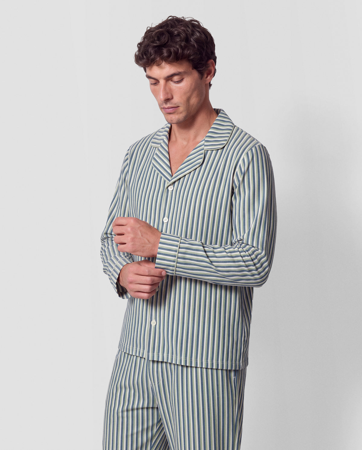 Pigiama lungo a camicia in cotone a righe mare verde blu