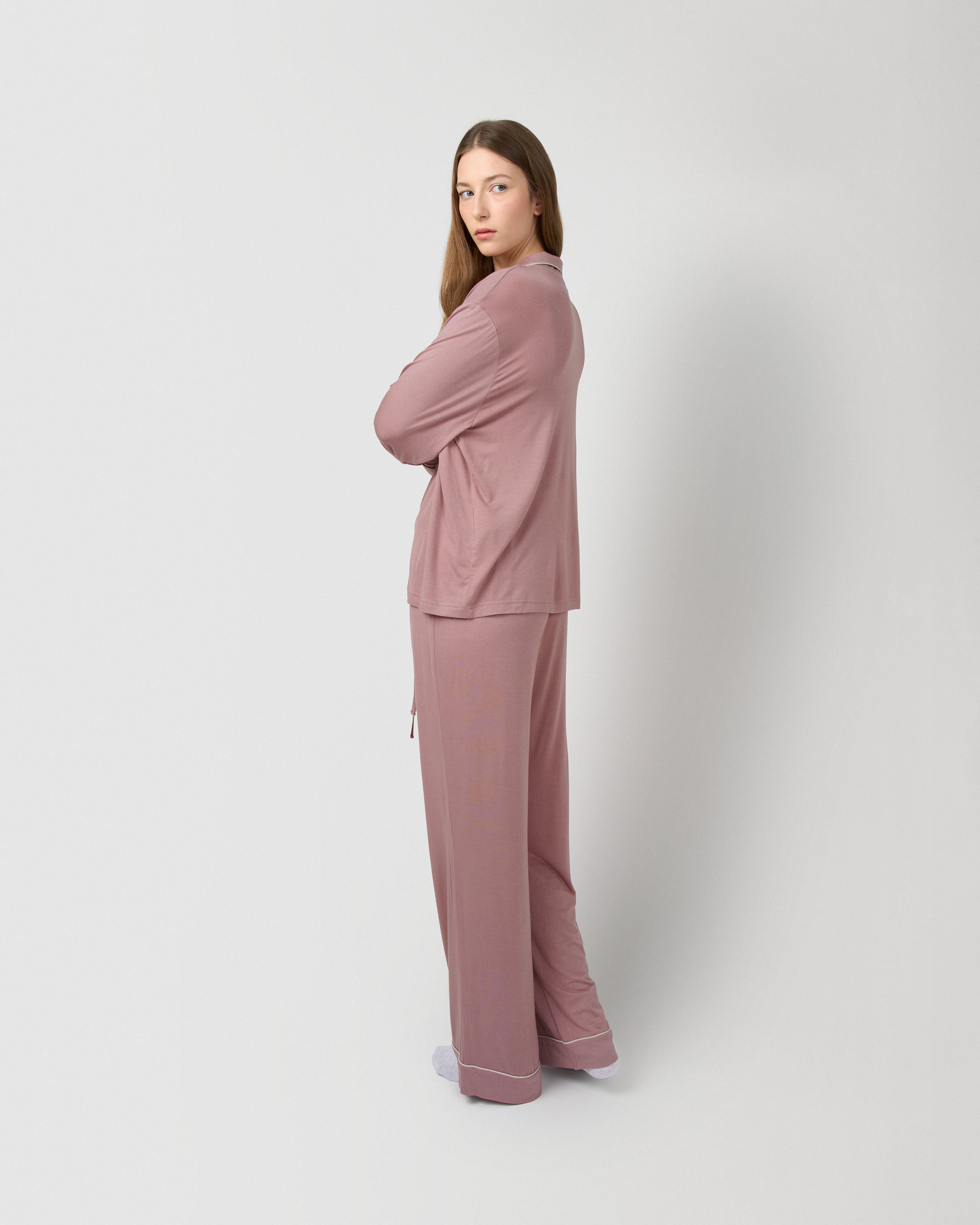 Pijama largo camisero viscosa punto rosa