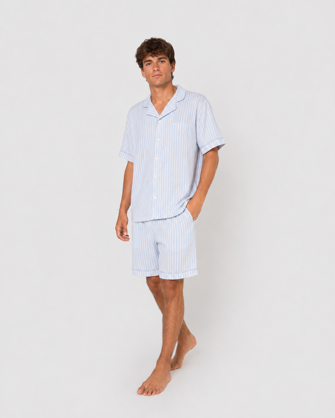 Pijama corto camisero hombre algodón raya ferdinand celeste