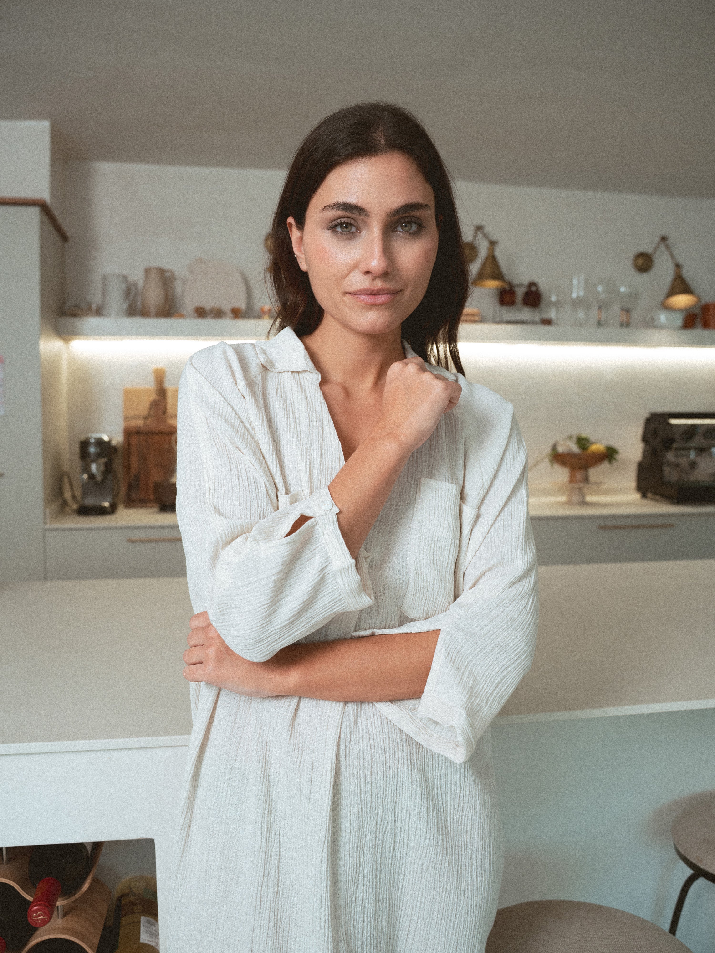 Abito midi in cotone e lino naturale