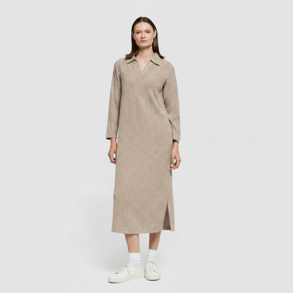 Vestido largo manga larga solapa 4x2 canalé mujer beige