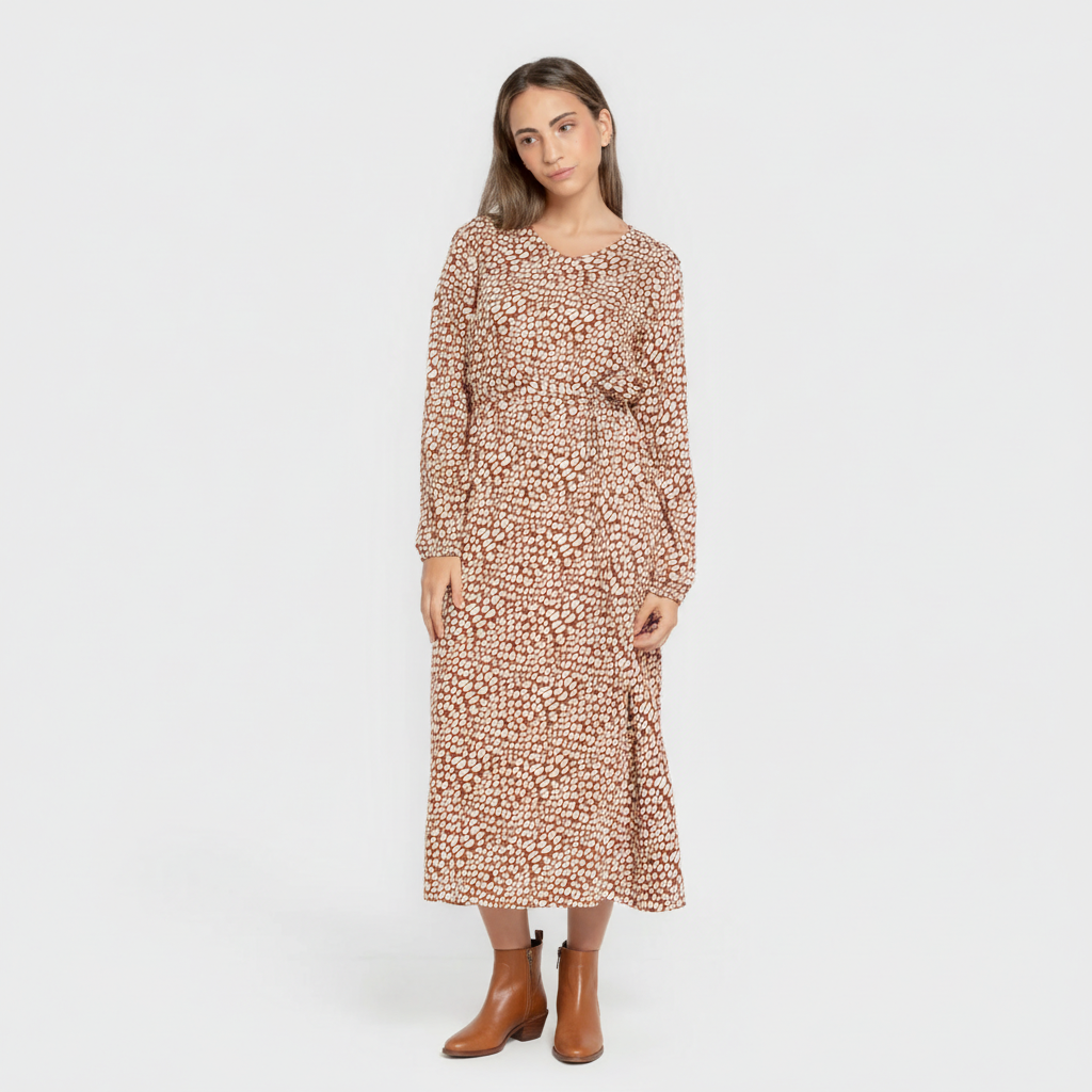 Vestido midi manga larga pico viscosa Serum teja