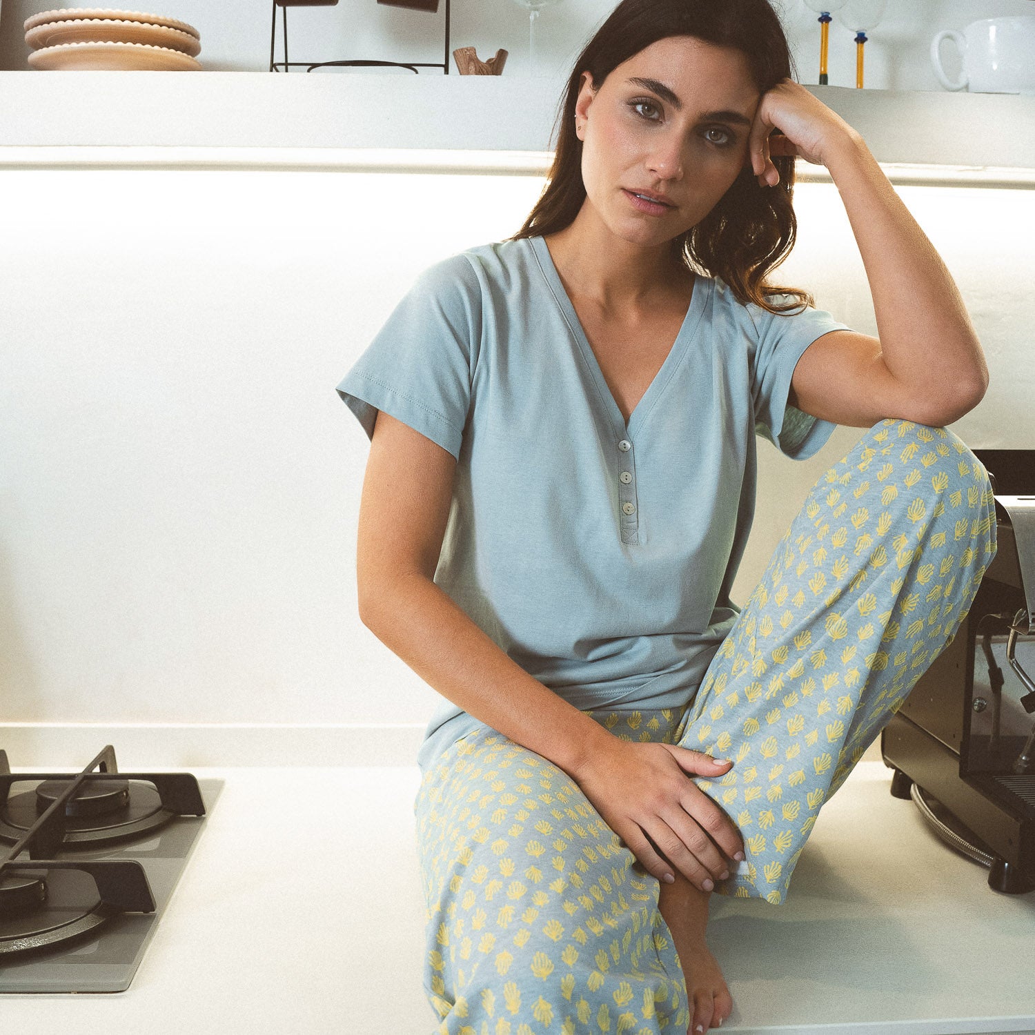 Pijama longo de algodão Eladia, azul água