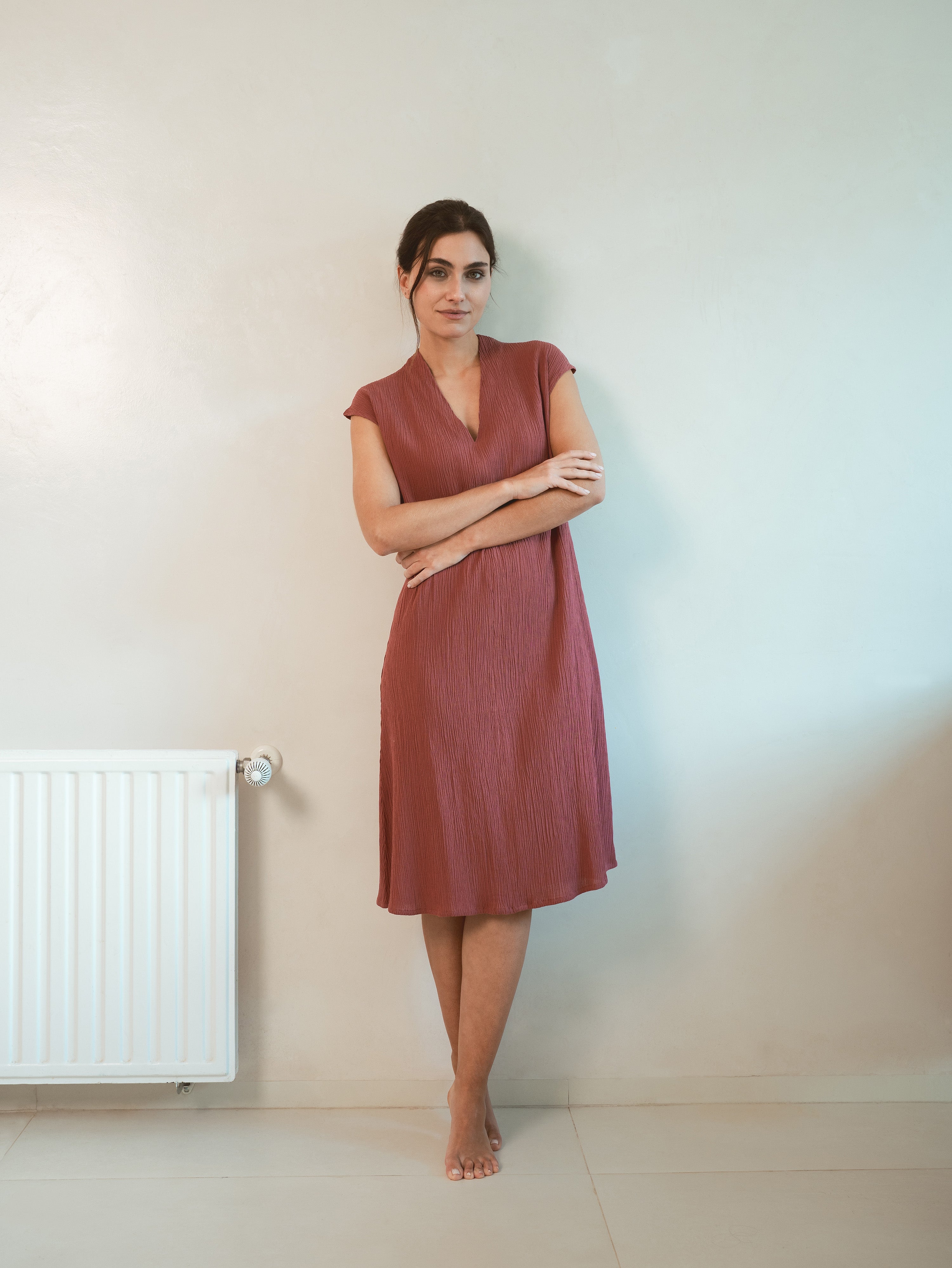 Vestido corto algodón lino rosette