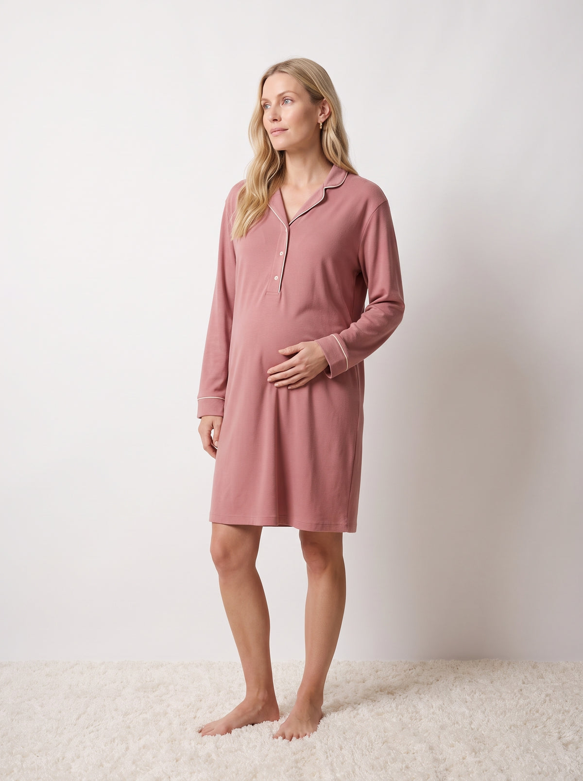 Camisón camisero premamá viscosa punto rosa malva
