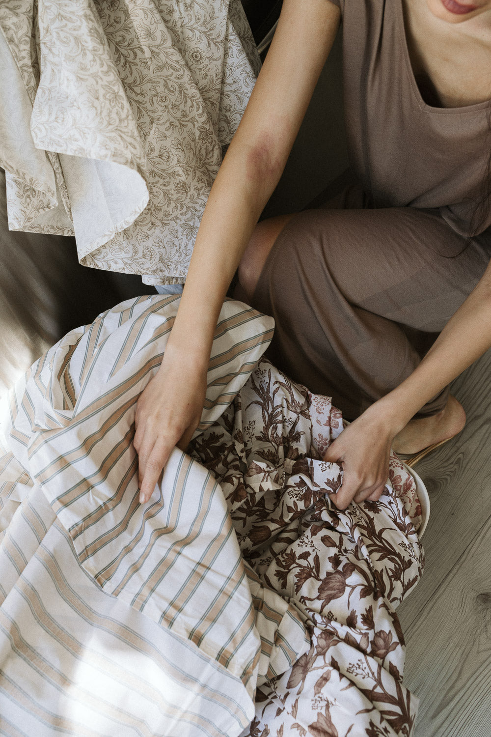 Jogo de lençóis de algodão listrado bege/verde