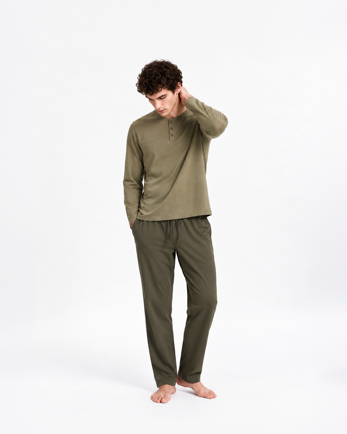 Pyjama long à boutons pour homme, vert clair - vert foncé