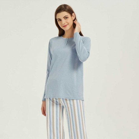 Pijama largo algodón Raya Nuria azul pijamas-mujer