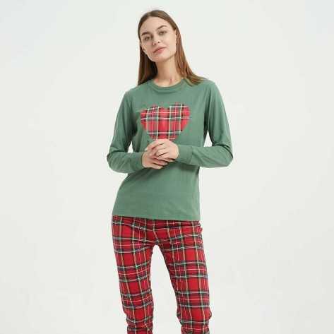 Pijama largo algodón con puño Cuadrin verde pijamas-mujer