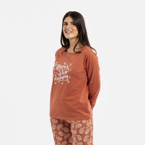 Pijama largo algodón Mariona teja pijamas-largos-mujer