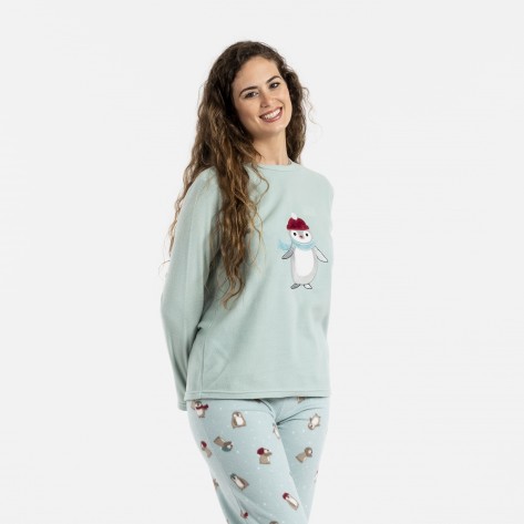 Pijama polar Pingu verde tiffany pijamas-mujer