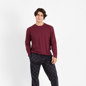 Pijama hombre algodón Cuadro Friche burdeos