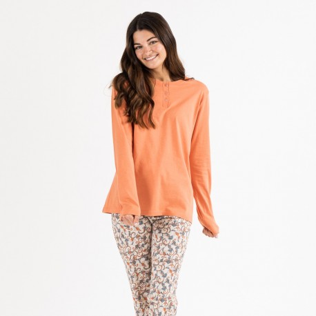 Pijama largo algodón Elda teja pijamas-largos-mujer