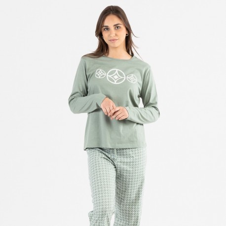 Pijama largo algodón Pompa verde caceria pijamas-largos-mujer
