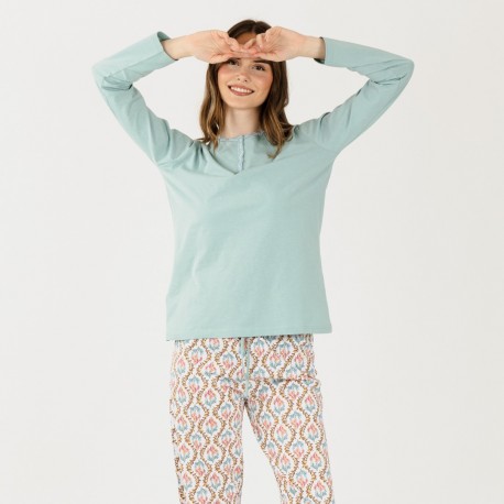 Pijama largo algodón Fabiola verde tiffany pijamas-mujer