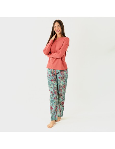 Pijama largo algodón Esventa marsala pijamas-mujer