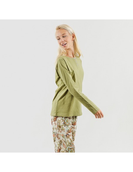 Pijama largo algodón Estefania verde caceria pijamas-mujer