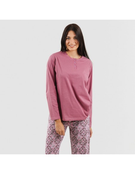 Pijama largo algodón Malura malva rosa pijamas-mujer