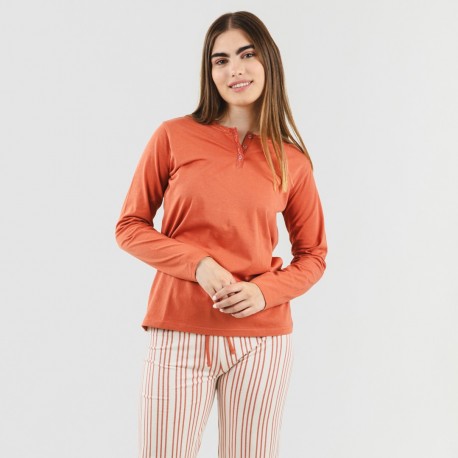 Pijama largo algodón Raya Alejandra teja pijamas-mujer